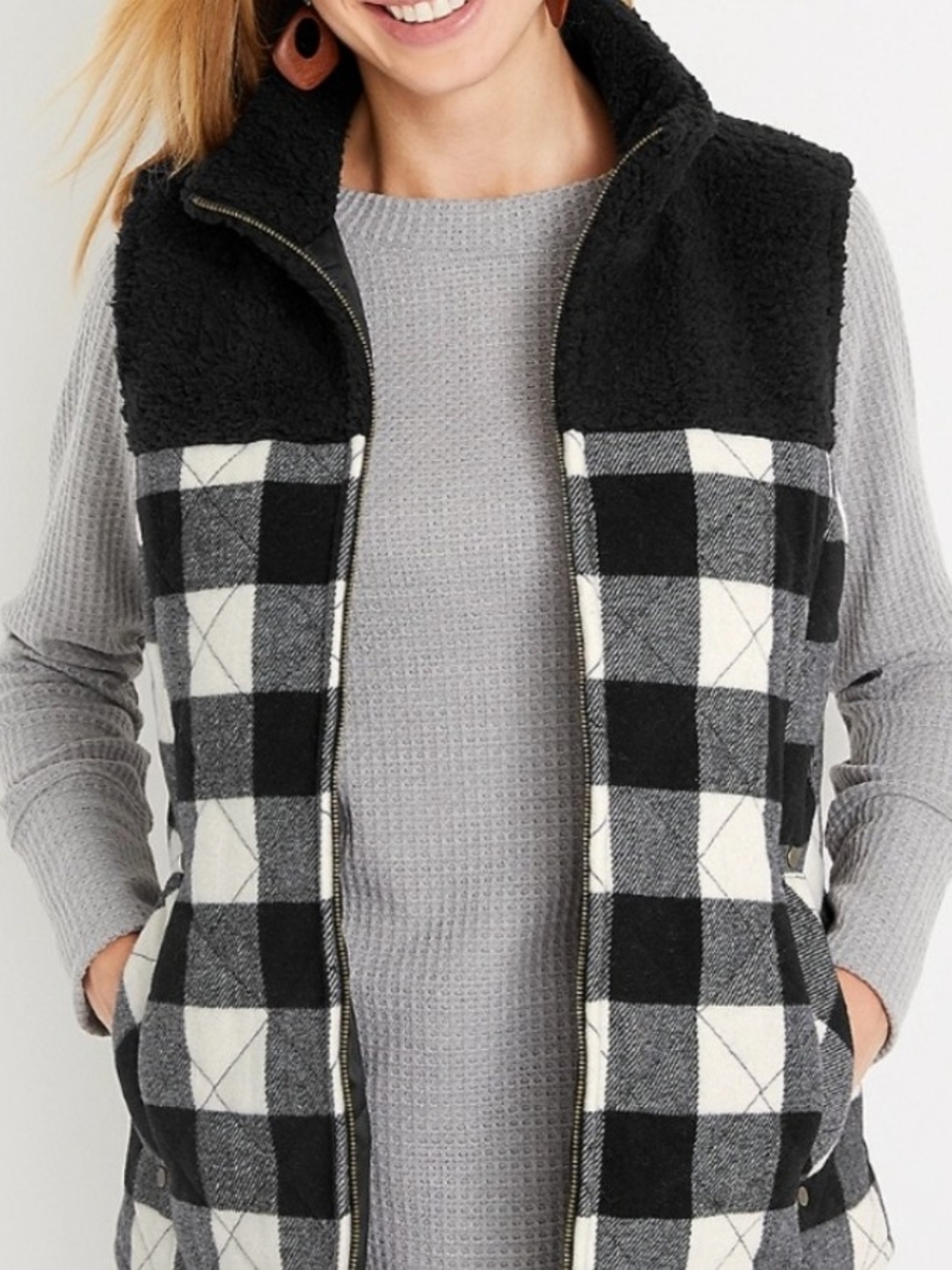 Maurices Black & White Buffalo Plaid Sherpa Vest, SZ 1X, EUC